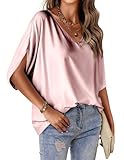 HOTOUCH Shirts Damen Satin Seide Shirt Sommer V-Ausschnitt Oberteile Lässig Kurzarm T-Shirt Kurzarm...