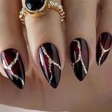 Moguri Rote schwarze Nägel zum Aufdrücken, mandelförmig, künstliche Nägel mit goldenem,...