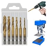 Jiavlyx 6 Stück Kombi Gewindeschneider Bit Set, M3 M4 M5 M6 M8 M10, HSS Gewindeschneider Bit Set,...