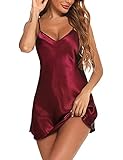 Litherday Negligee Damen Sexy Babydoll Kurz Satin Nachthemd V-Ausschnitt Nachtkleid Sommer...