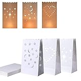 24 Stück Papier Lichttüten, weiße Kerzentüten Papierlaternen, Herz Star und Mond Feuerwerk...