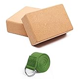 Jim's Store Yoga Block 2er Set mit Gurt, Naturkork Blöcke Korkblock für Yoga Pilates Meditiation...