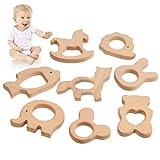 TYFYH 8 Stück Baby Beißring Holz, Holztiere Baby Beißring Baby Holzfiguren, Natürlich Kinder...