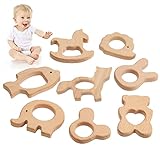 TYFYH 8 Stück Baby Beißring Holz, Holztiere Baby Beißring Baby Holzfiguren, Natürlich Kinder...