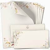 10 Briefpapier und Briefumschlag SET | Hell Beige Gelb Blumen Frühling | Papier und Umschlag mit...