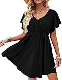 Beluring Damen Kleider Elegant Kurzarm Minikleid Sommer V-Ausschnitt Knöpfe Modische Strandkleid...