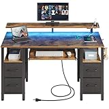 Seventable Computertisch 140 cm mit LED-Leuchten und Steckdosen, Home-Office-Schreibtisch mit 4...