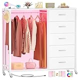 iSunirm Kommode mit Kleiderstange, 5-Schubladen Kommode mit Ladestation & LED Beleuchtung,...