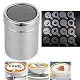 Kakaostreuer Edelstahl mit 16 Pcs Kaffee Schablone Druckformen, Mehlstreuer mit Deckel...