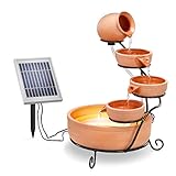 Solar Kaskadenbrunnen Terrakotta mit Akkuspeicher und LED Licht - großes 2 Watt Solarmodul -...