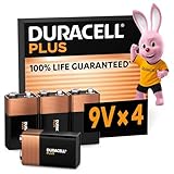 Duracell Plus 9V Blockbatterie, 4 Stück, 9 Volt Batterie ideal für Rauchmelder, Feuermelder