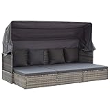Homgoday Gartenliege mit Dach & Klapptisch - PE-Rattan Sonneninsel, Grautöne, 200x60x124 cm, für...