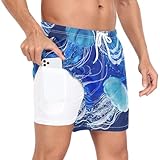 GuoChe Herren-Badeshorts, 2-in-1-Laufshorts, blaue Quallen, Schwimmen unter Wasser, mit...