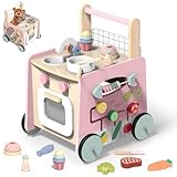 Lauflernwagen Holz, 9 in 1 Baby Lauflernhilfe mit Montessori Spielzeug und Spielküche,...