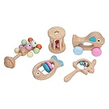 Keenso 5 Stücke Baby Holz Rassel Spielzeug Set Neugeborenen Lustige Nette Glatte Fisch Hund Auto...