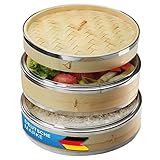 Dimono® Dampfgarer Bambus mit Edelstahl, 2 Etagen Bambus-Dämpfer mit Deckel, Bambus Dämpfaufsatz...