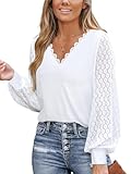 Women's Blouses with V Neck, Long Lace Sleeves, Banded Cuffs, Chic Elegante Blusen, Bluse Weiß Dame