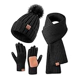 SRZYMJ Schwarz Wintermütze Schal Handschuhe Set， Mütze, Handschuhe, Set für Damen und Herren,...