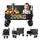 Bollerwagen Faltbarer mit 200KG Tragkraft, Schwarz, Verstärktes Stahlrohr, 360° Schwenkbare...