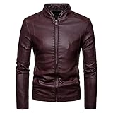 Dninmim Herren-Lederjacke mit Stehkragen, klassisch, lässig, bequem, schmal, burgunderfarben, M