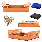 Sandkasten 120x120 Imprägniert Premium Sandbox mit Premium Wasserfeste Abdeckung Oxford Sitzbänken...