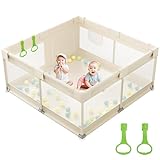 Julrrimg Laufstall Baby - 120x120 cm Laufgitter Baby mit Atmungsaktivem Netz & 2 Griffen, Beige