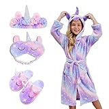 Piefry Weicher Einhorn-Bademantel mit Kapuze für Mädchen mit Einhorn-Pantoffeln, Augenbinde und...