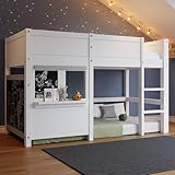 RIAZOS Kinderbett 90x200 cm, Hochbett mit Leiter, Etagenbett mit Wandtafel & Kleiner Ablage,...