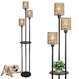 Rayofly Rattan Stehlampe Wohnzimmer, Boho mit Regal, 3-flammige Vintage Stehleuchte Lampenschirm &...