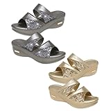 FOMIYES Damen Sandalen mit Dicker Keilsohle Offene Fischmaul Pantoletten Goldfarbene Outdoor Slipper...