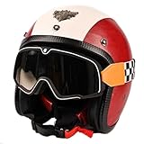 Vintage Mit Schutzbrille Motorradhelm, DOT/ECE-Zugelassen Motorrad Open Face Helme, PU Leder...