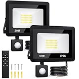 30W LED Strahler mit Bewegungsmelder, 2 Stück 6500K Außenlampe mit Fernbedienung, Kaltweiß...