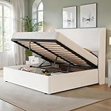 LUXOAK Polsterbett mit Gaslift-Stauraum, Flügel-Kopfteil für bequemen Halt, Massivholzlatten für...