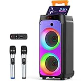 JYX Karaoke Anlage mit 2 drahtlosen Mikrofonen, Großer Lautsprecher Bluetooth mit Rädern und Disco...