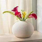 Praknu Keramik Vase Weiß Rund 13cm Hoch - Bauchige Form mit Sandtextur - Wasserdicht -...