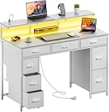 HLONONE Schreibtisch mit 8 Schubladen, Computertisch mit 2 Steckdosen und 2 USB Ladeanschluss,...