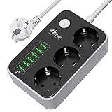 Mehrfachsteckdose HULKER Steckdosenadapter 3 Fach/Steckdosen 6 USB -Anschlüsse, Steckdosenleiste...