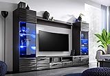 Wohnwand MODIC 260 cm Anbauwand Wohnzimmer- Set Vitrine Lowboard schwarz Hochglanz LED