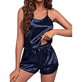 Pyjama Damen Christmas Pyjama Cami Shorts Set Nachtwäsche Pyjama Set Dessous Damen (Blue, L)