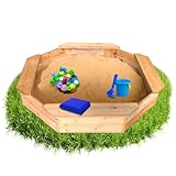 Coemo 8-eckiger Sandkasten Larry M Holz Braun inkl Blaue Abdeckplane, Schwarze Bodenplane 125x125x20...