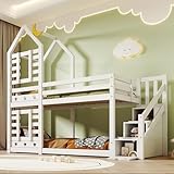 Etagenbett Kinderbett 90 x 200 mit Treppe & Schubladen, Hochbett Hausbett für 2 Kinder, Massivholz...