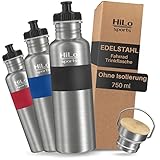HiLo sports Trinkflasche Fahrrad Edelstahl 750ml - [Ohne Isolierung] - Mit 2 Verschlüssen -...
