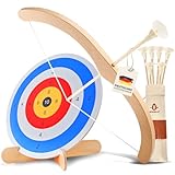 BOWRILLA® Pfeil und Bogen Kinder Holzspielzeug Set mit 6 Saugnapf-Pfeilen, Zielscheibe aus Holz und...