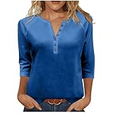 Damen Shirts 3/4 Arm V-Ausschnitt Oberteile mit Knöpfen Casual Dreiviertelärmel Beamwolle Tshirt...