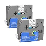 2er-Pack 12 mm schwarzes auf mattem Silber Tz-Klebeband, Etikettenband für PT E100B, PT 9700...