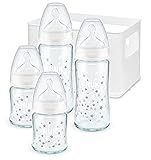 NUK First Choice+ Babyflaschen Starter Set aus Glas und Silikon | 0–6 Monate | 4 Flaschen mit...