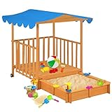 LEDSIX Spielzeug & Spiele Set Kinder Spielhaus mit Sandkasten Tannenholz Blau UV50 Outdoor...