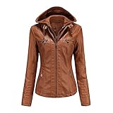 E-girl Damen Braun Lederjacke Schlank Kurz Kunstleder Kapuze Jacket Reißverschluss Motorrad Jacke...