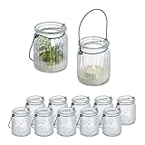 Relaxdays Windlicht, 12er Set, Glas mit Henkel, innen & außen, 9,5 x 8 cm, Hochzeit Teelichthalter,...