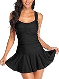 Damen Badekleid Bauchweg Einteiliger Badeanzug Push Up Badeanzugkleid Retro Schwimmrock Schwarz XL